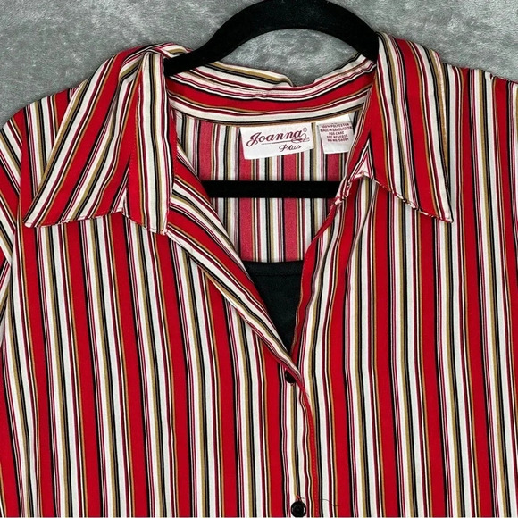 Joanna 3X Shirt Top Red Striped Button Up‎ 3/4 Sleeve Collared V Neck Womens - Picture 3 of 6